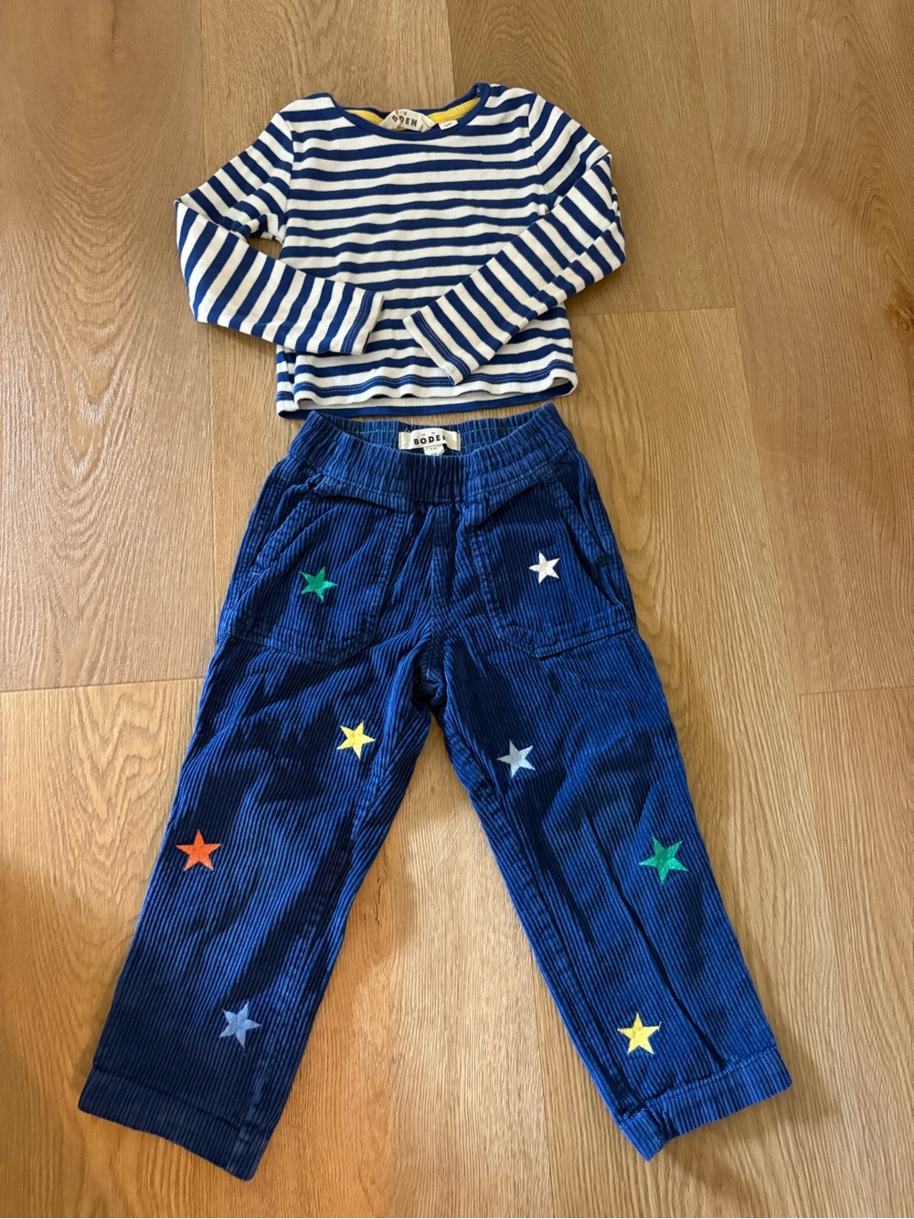 Boden Navy Corduroy Pants with Blue Striped Long Sleeve Shirt
